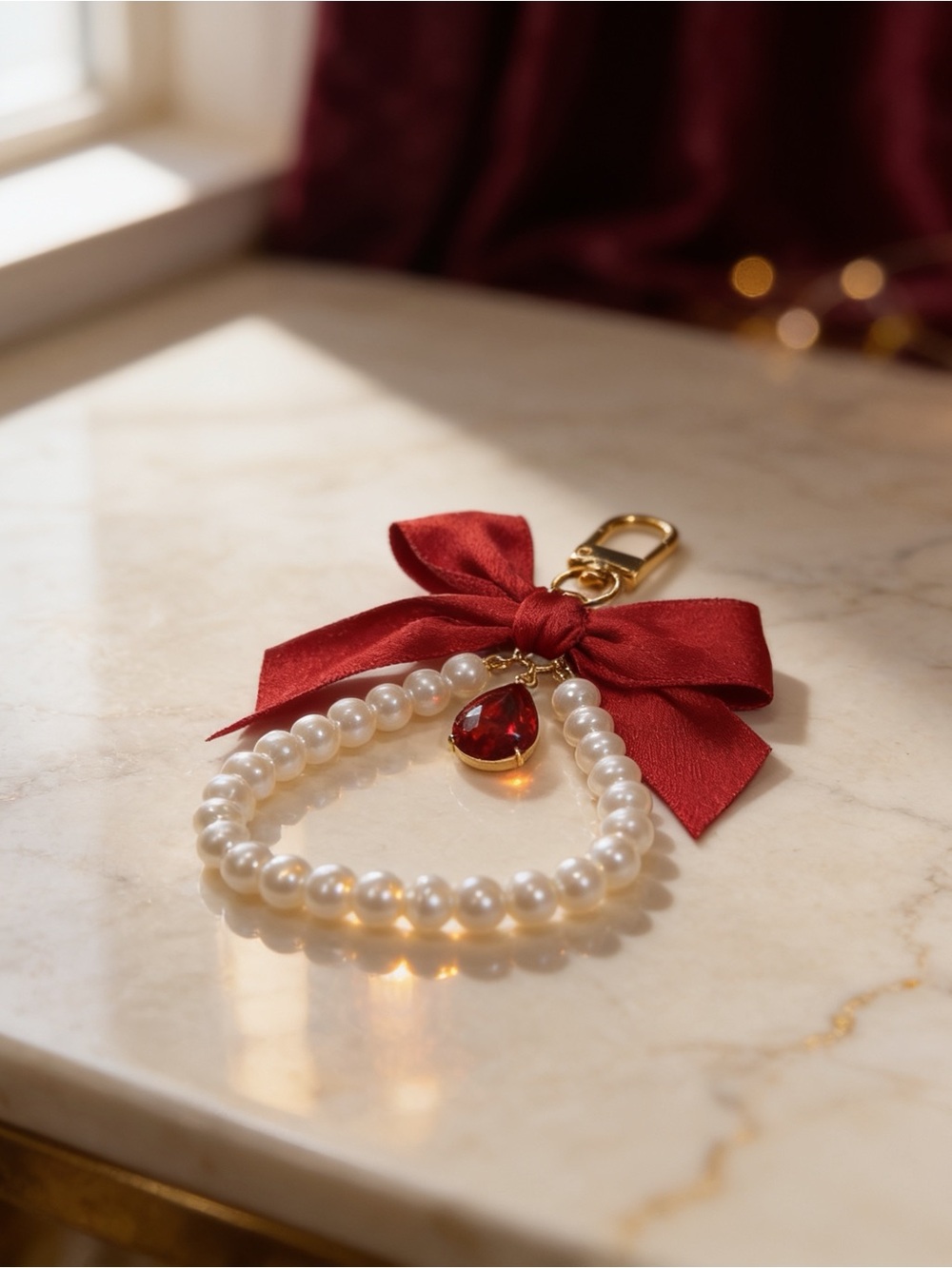 Elegant Pearl Bracelet Keychain with Red Bow and Ruby Charm